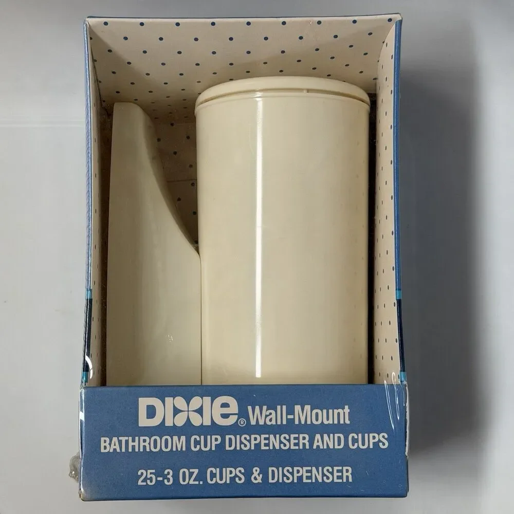 Vintage 1987 Dixie Bathroom Wall Mount Cup Dispenser and Cups NOS USA